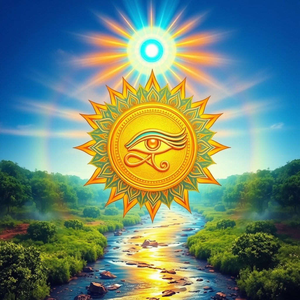 A majestic golden Eye of Horus embedded in the center of a radiant sun, surrounded by intricate patterns
