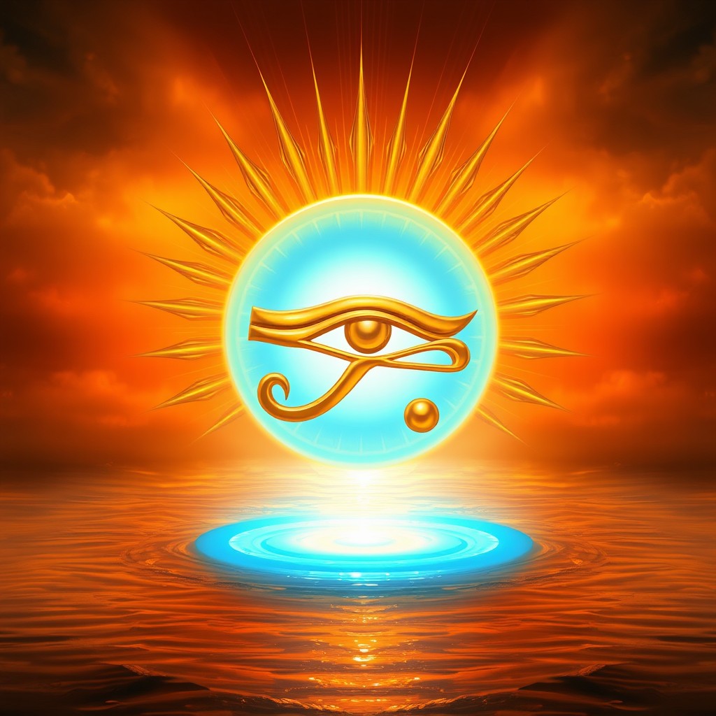 A majestic golden Eye of Horus set within a radiant sun, glowing with an ethereal bluish chakra above a serene river