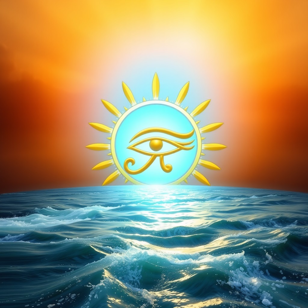 A magnificent golden Eye of Horus placed prominently within a radiant sun