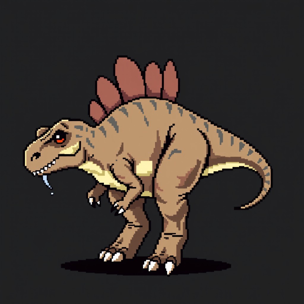 A pixel art sprite of a ceratosaurus, in a size of 64x64 pixels, viewed completely in profile