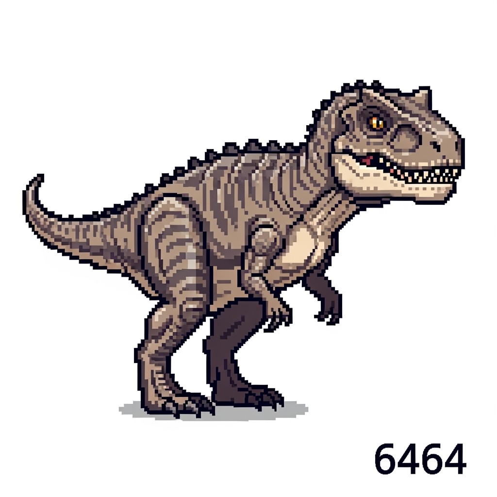 A pixel art sprite of a Carnotaurus dinosaur in a 64x64 resolution, depicted in a completely 2D profile view