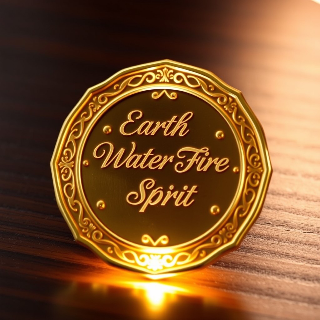 A beautiful mini plaque made of gold, elegantly designed, featuring intricate inscriptions of the five elements: Earth, Water, Fire, Air, and Spirit