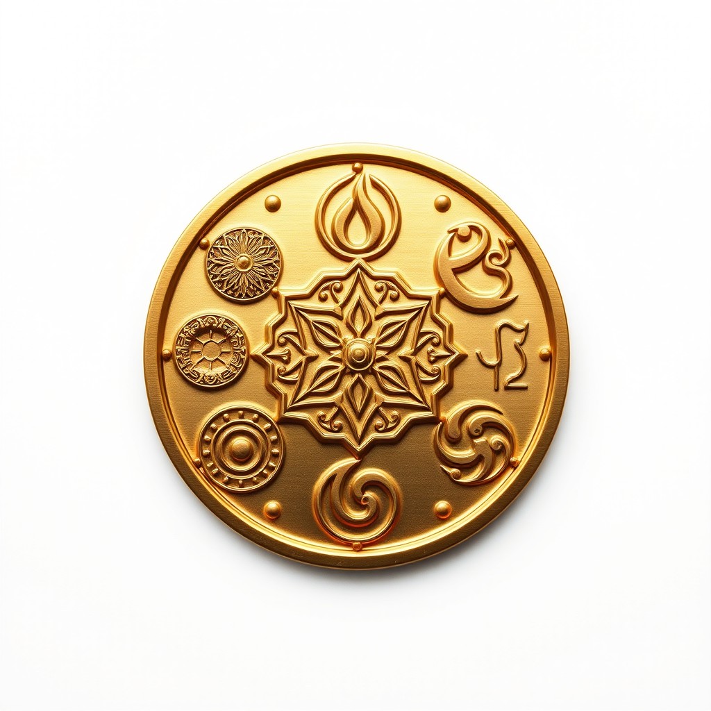 A small, elegant gold plaque featuring the symbols of the five elements: Earth, Water, Fire, Air, and Spirit