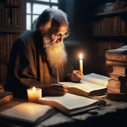 An ancient scholar deeply engrossed in study, surrounded by piles of weathered books and ancient artifacts, lit by the gentle glow of a flickering candle.