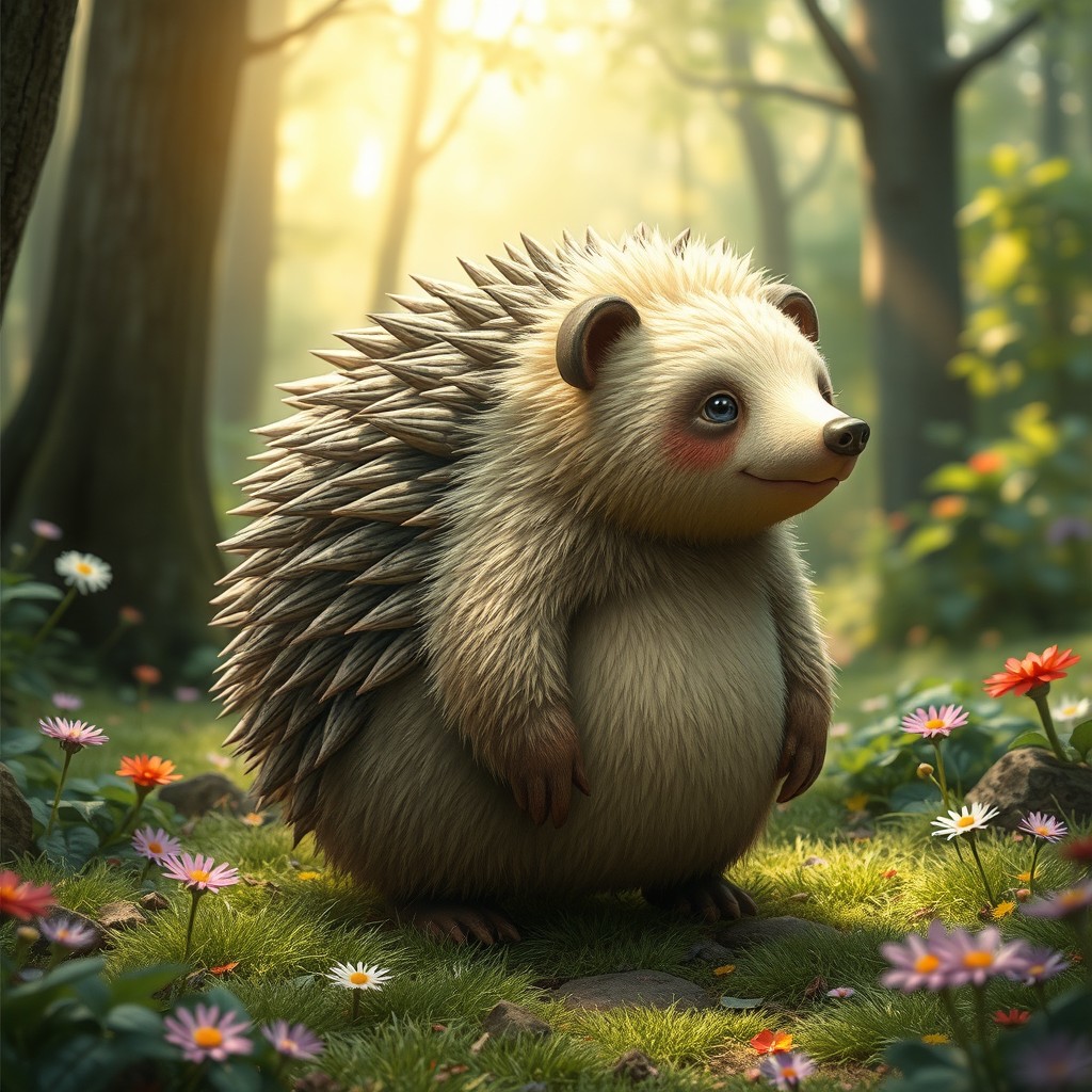 A fantastical creature that is a hybrid between a hedgehog and a bear, featuring the cute and prickly quills of a hedgehog blending seamlessly with the soft, furry body of a bear