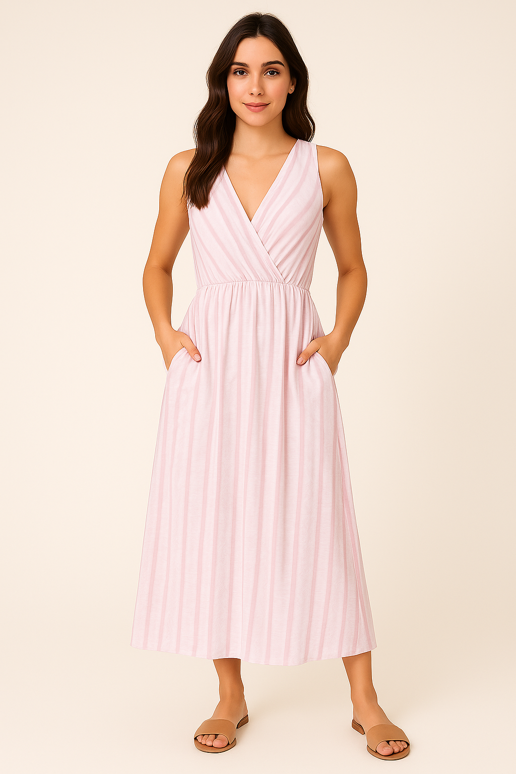 Model in different poses using then exact same dress with pockets