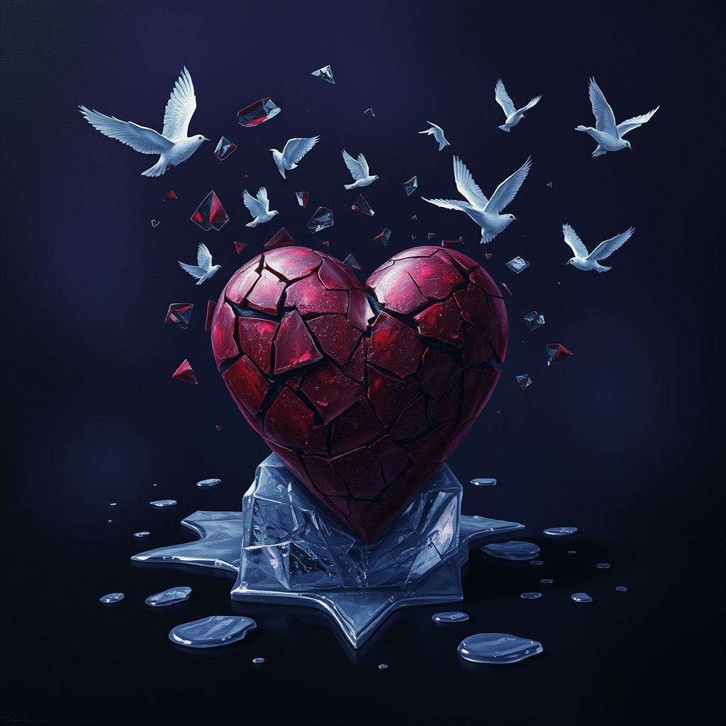 A heart shattering into pieces that transform into flying birds soaring away, or a heart made of ice melting and forming puddles of water