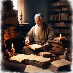 An ancient scholar deeply engrossed in study, surrounded by piles of weathered books and ancient artifacts, lit by the gentle glow of a flickering candle.