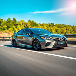 A modified Toyota Camry VX 30 in sporty tuning, driving on a highway