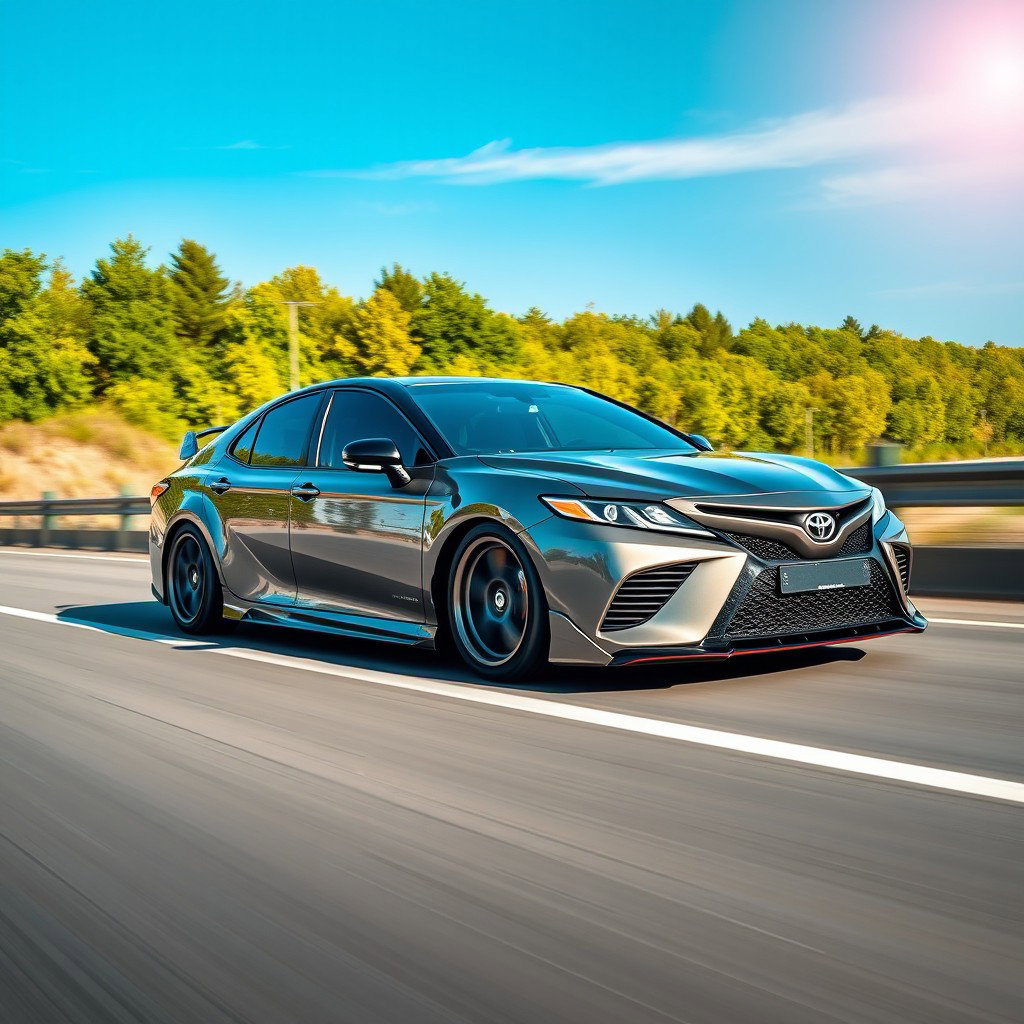 A modified Toyota Camry VX 30 in sporty tuning, driving on a highway