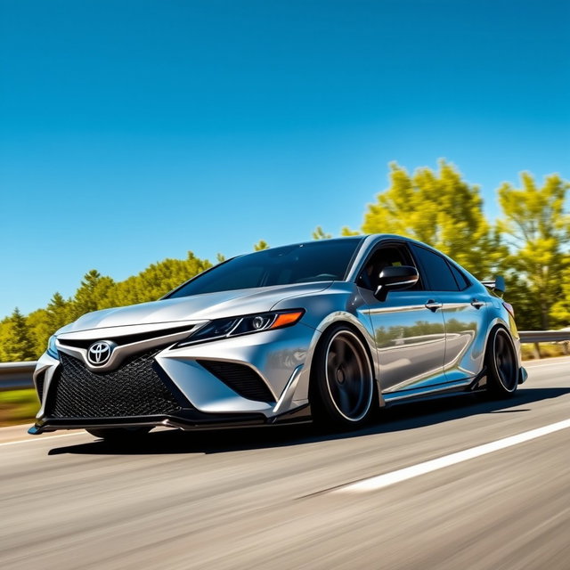 A modified Toyota Camry VX 30 in sporty tuning, driving on a highway