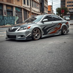 A 2006 Toyota Camry 30 in street tuning style, showcasing a customized look with a lowered stance, wide body kit, and sporty alloy wheels