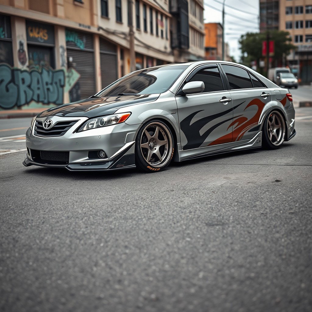 A 2006 Toyota Camry 30 in street tuning style, showcasing a customized look with a lowered stance, wide body kit, and sporty alloy wheels