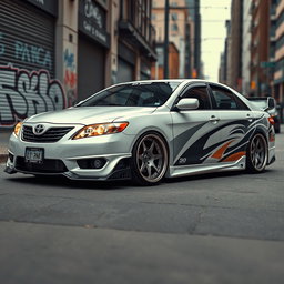A 2006 Toyota Camry 30 in street tuning style, showcasing a customized look with a lowered stance, wide body kit, and sporty alloy wheels