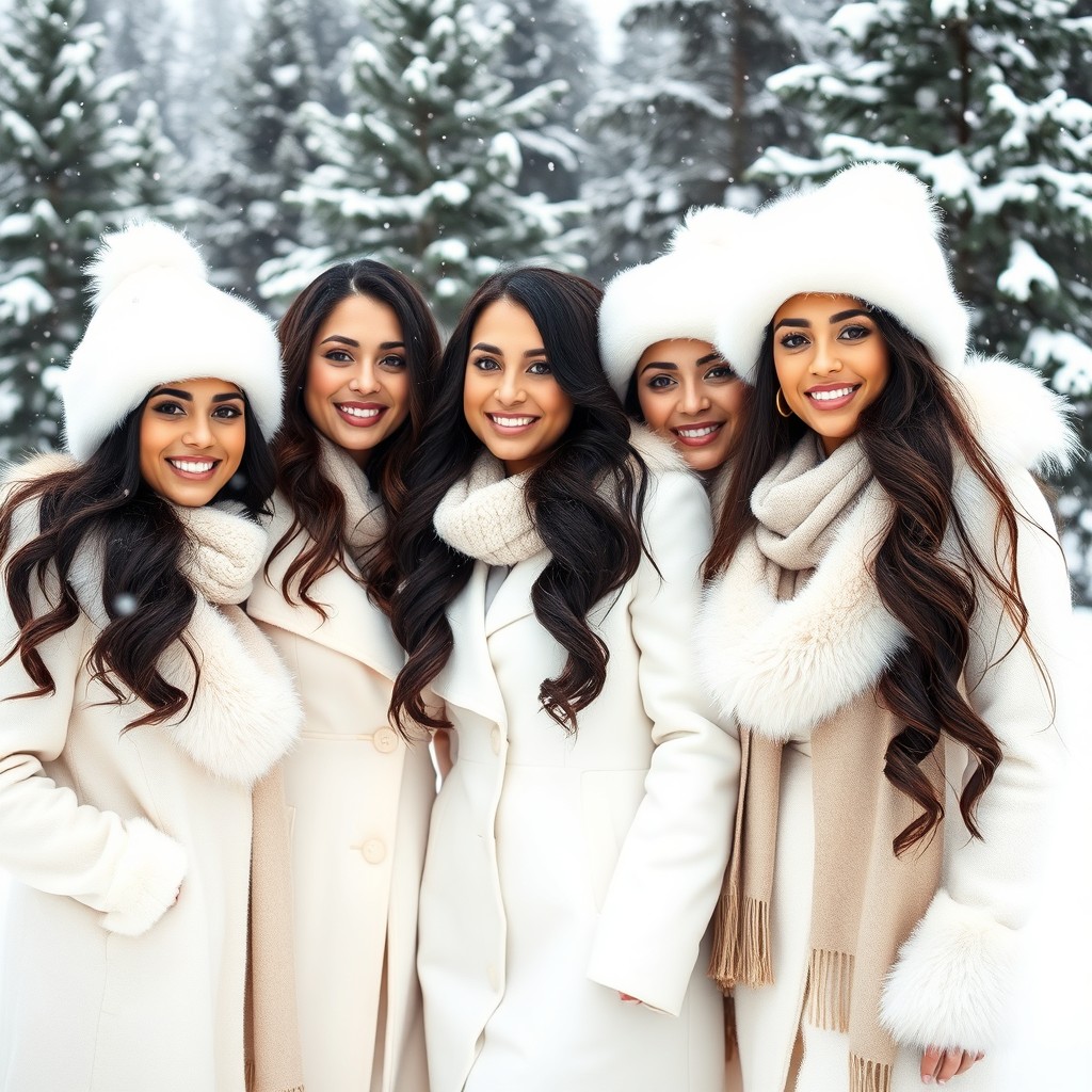 A beautiful group of Latin women wearing elegant winterland outfits in white