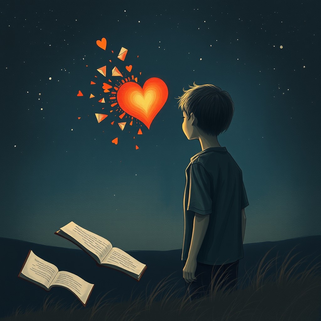 A solitary boy gazing at the horizon, with a heart or fragments of it disintegrating around him, symbolizing emotions