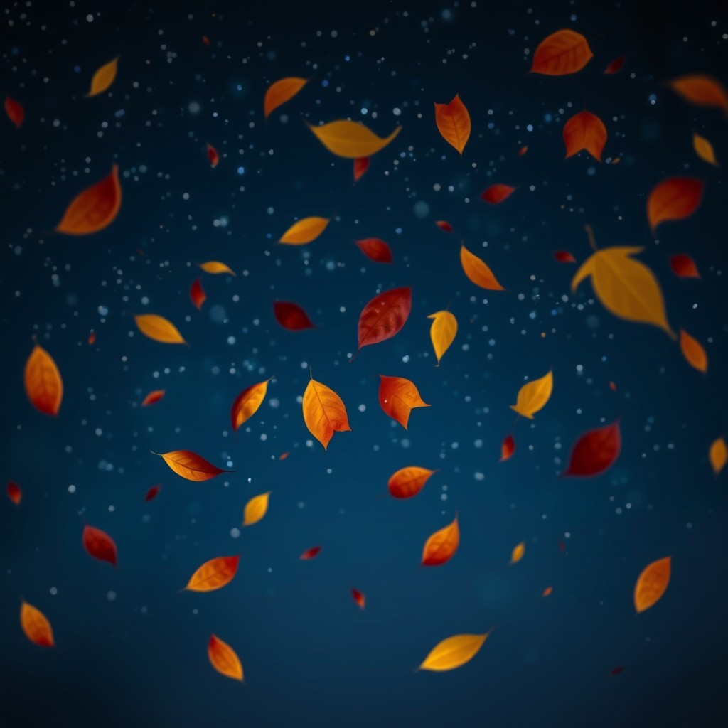A serene and solitary scene depicting a quiet night sky filled with twinkling stars and gently falling leaves