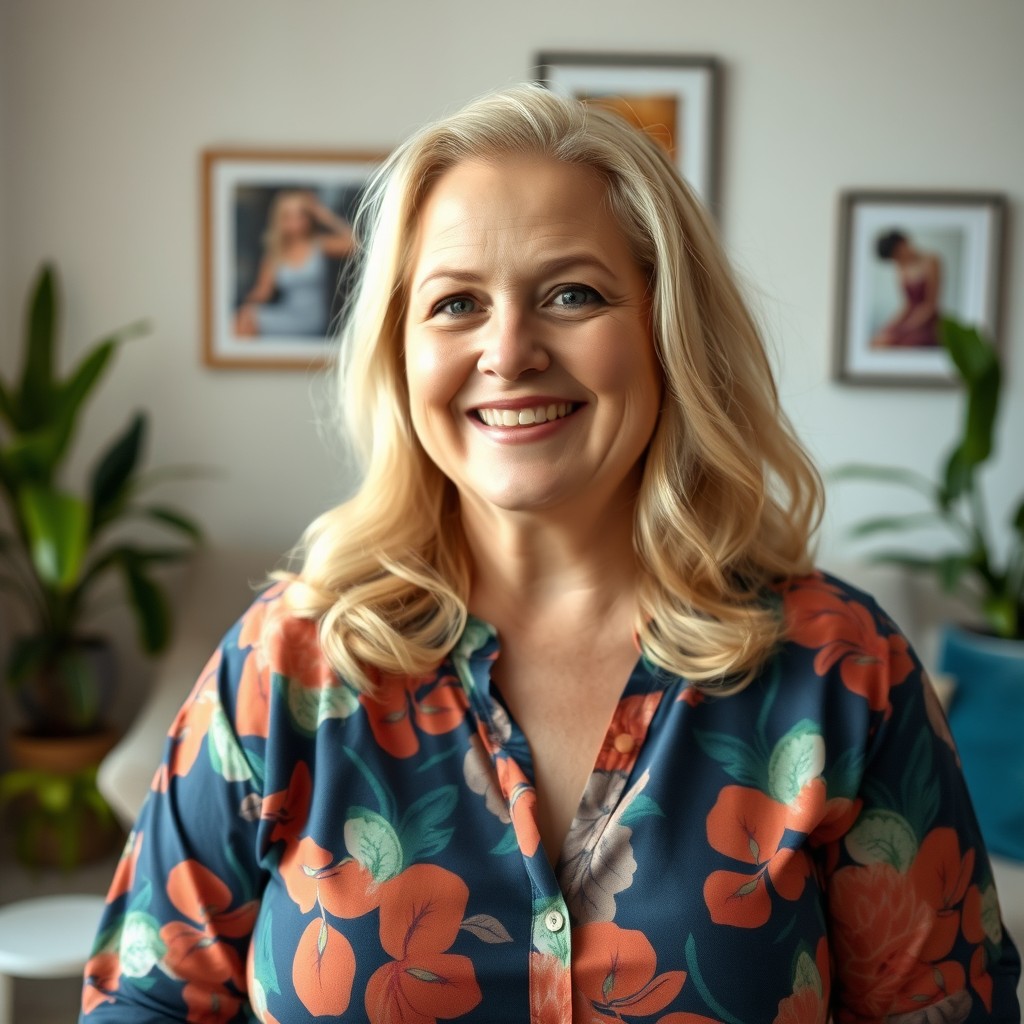 A portrait of a 50-year-old blonde woman, with a chubby build, and a warm smile