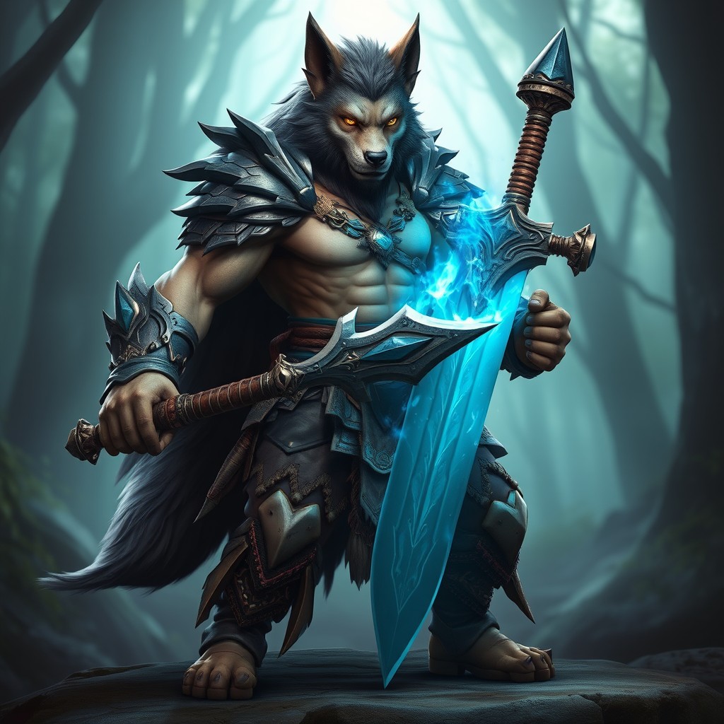 A powerful warrior character for a 3D game, embodying the traits of a wolf deity