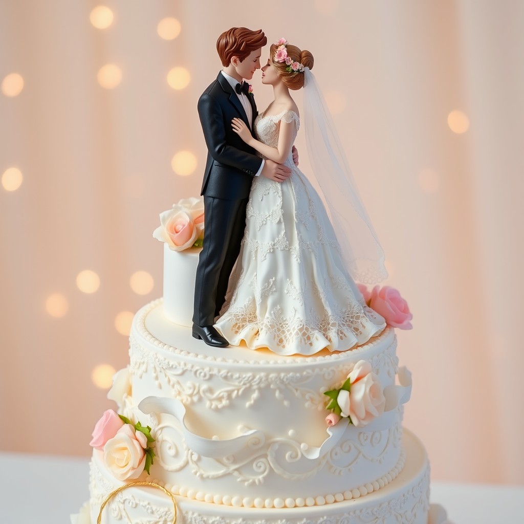 A beautifully crafted wedding cake with intricate details, featuring a romantic scene of a bride and groom atop