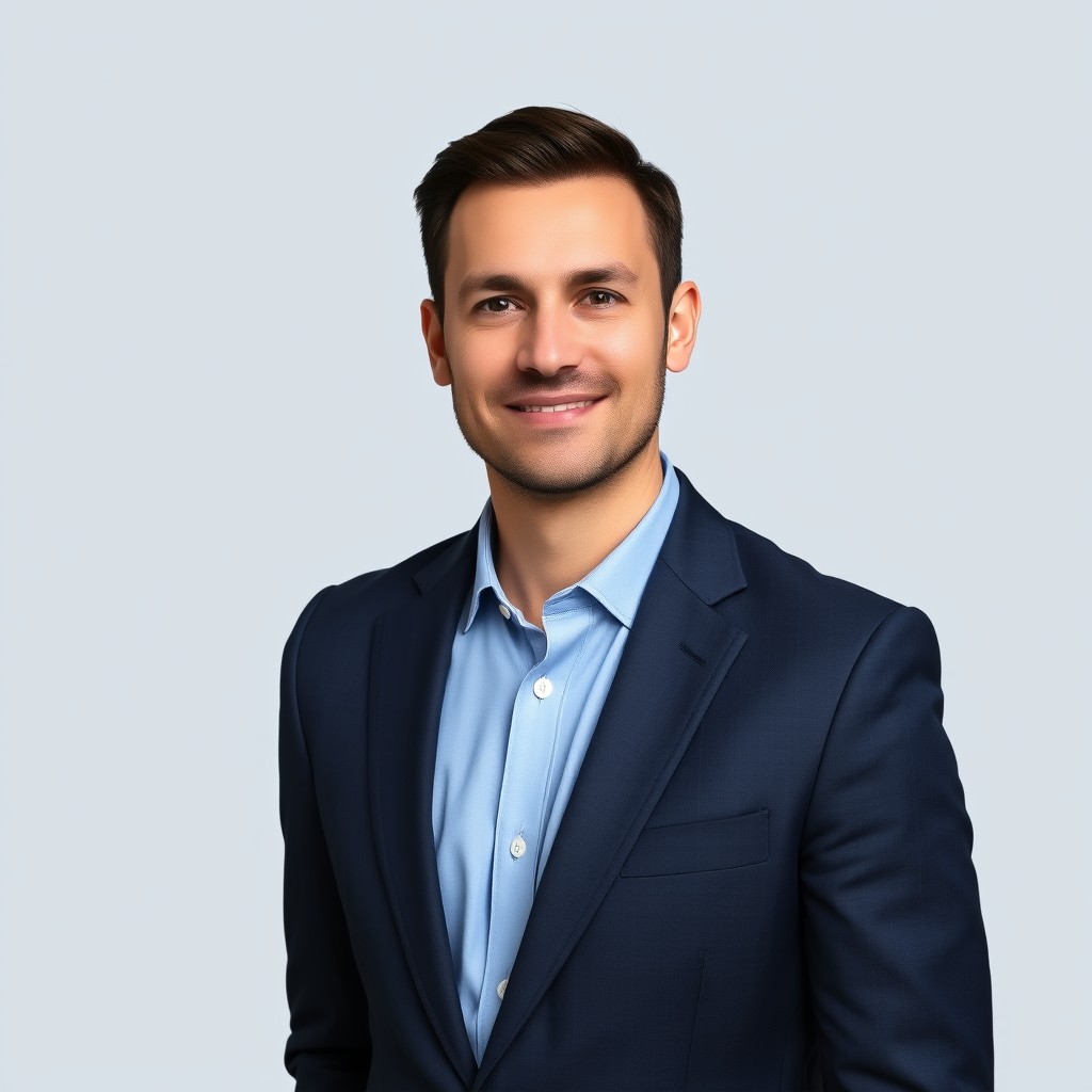 A striking professional passport photo featuring an adult male with a confident expression, wearing a well-fitted navy blue suit and a light blue dress shirt