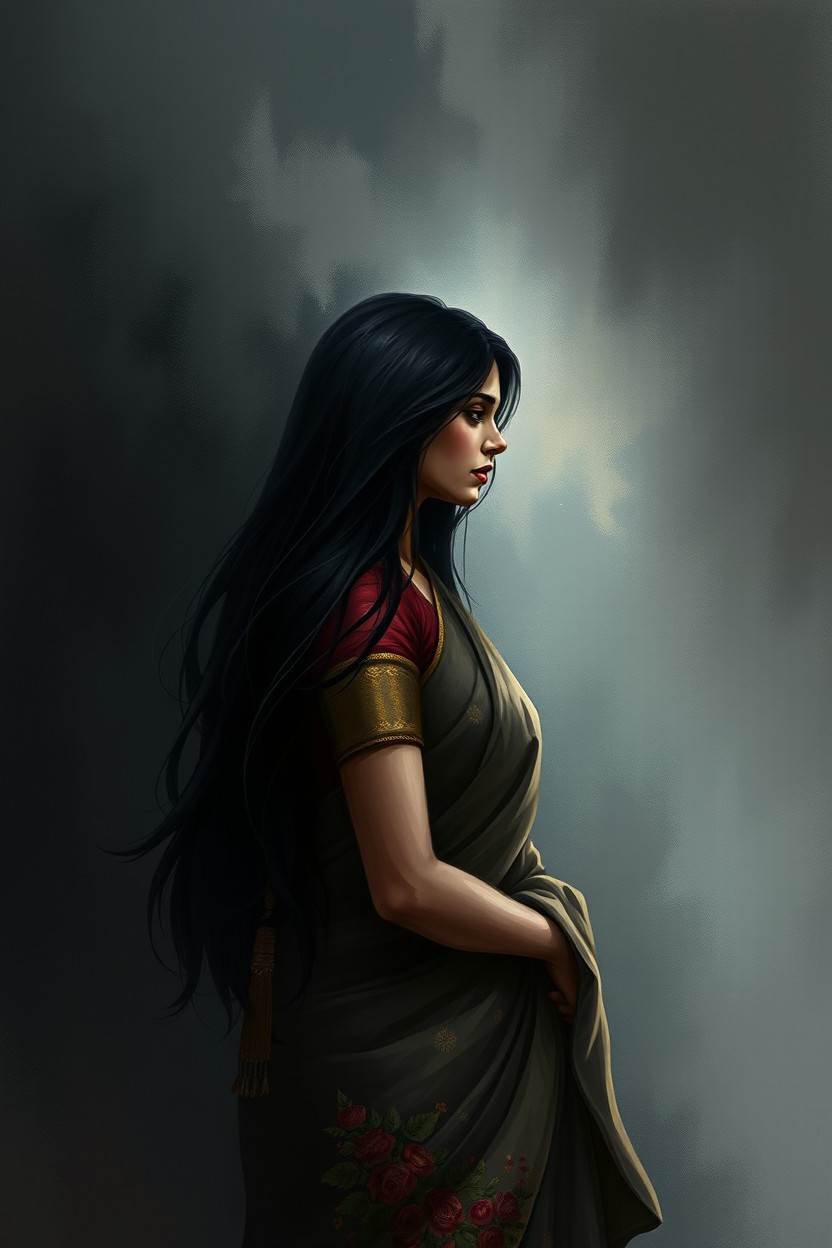 A stunning digital painting illustration for an A4 book cover featuring an Indian female character