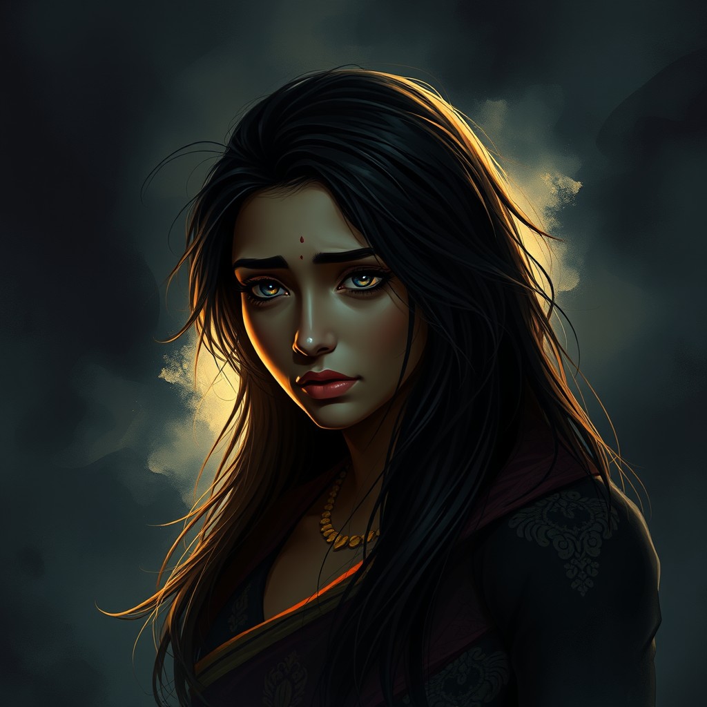 A beautiful digital painting illustration for a book cover featuring an Indian female character, portrayed in a state of depression