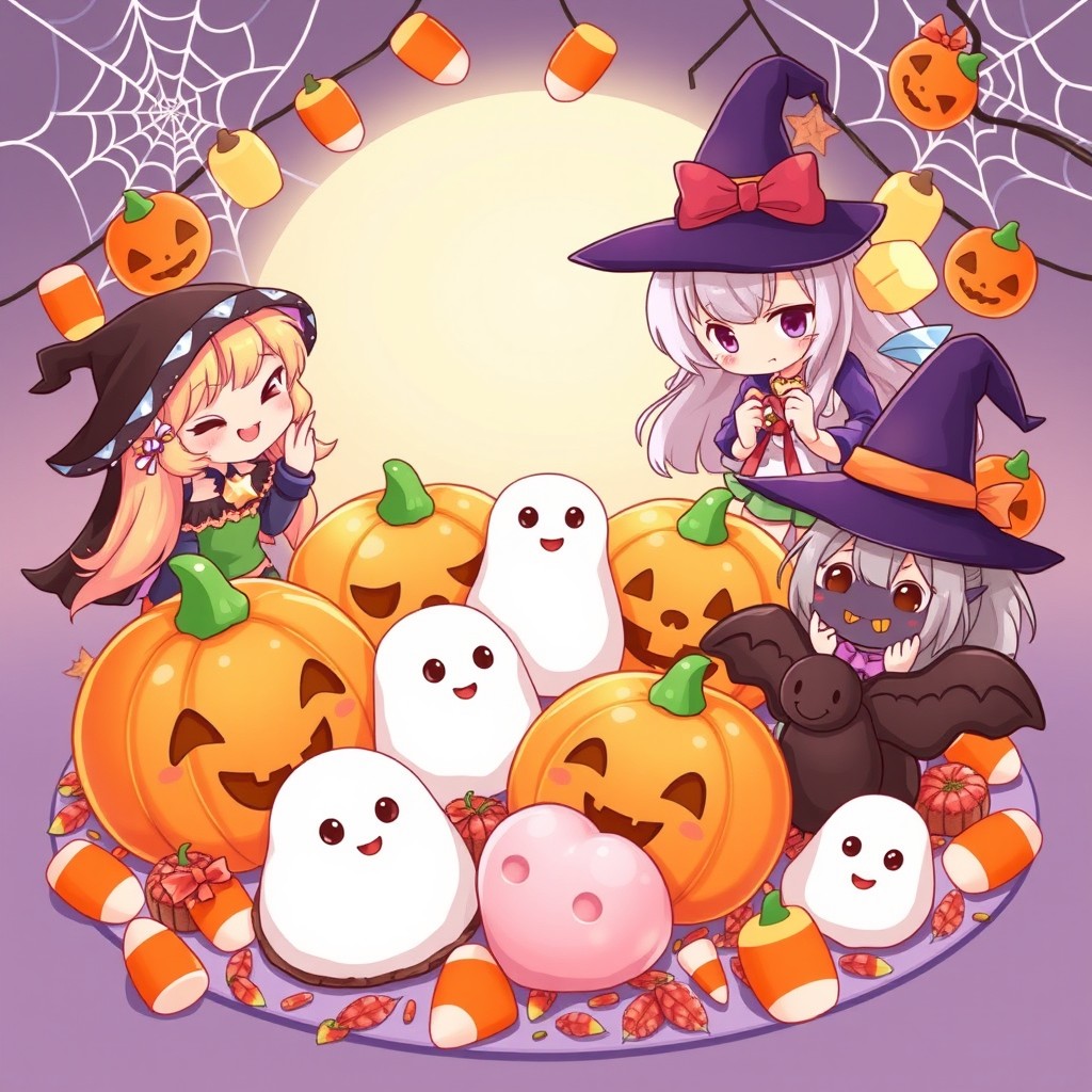 A delightful anime-style illustration featuring an array of cute and adorable Halloween sweet treats