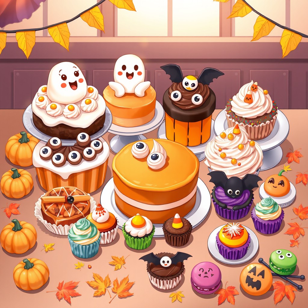 A charming anime-style illustration depicting a variety of cute and adorable Halloween sweet treats artistically displayed on a table