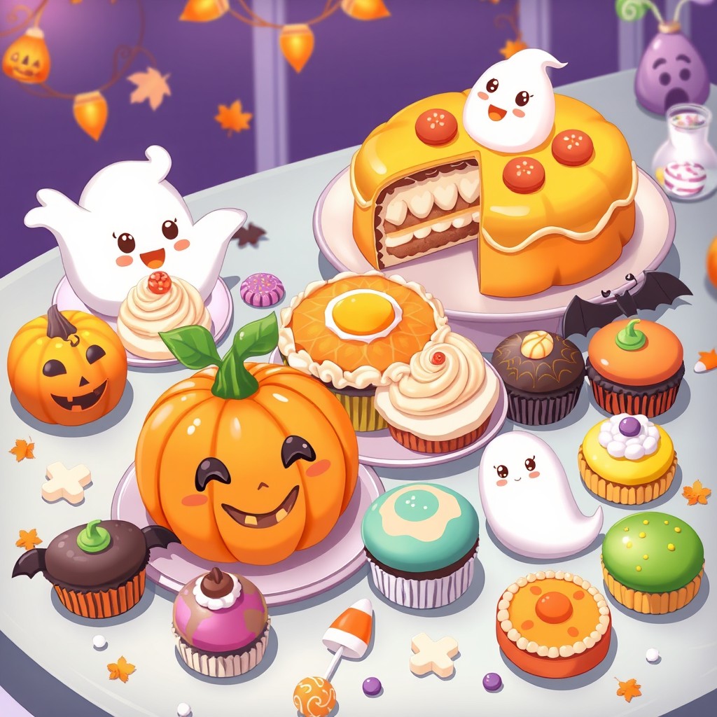 An enchanting anime-style illustration showcasing a delightful array of cute and adorable Halloween sweet treats elegantly arranged on a table