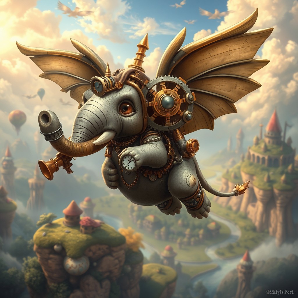 A whimsical, small winged creature resembling an elephant, adorned with intricate steampunk features such as gears and brass accents