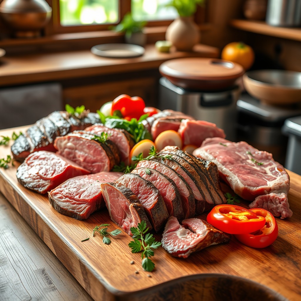 An artistic and appetizing display of carabao meat cuts, showcasing a variety of parts such as tenderloin, ribeye, and chuck, arranged on a rustic wooden cutting board