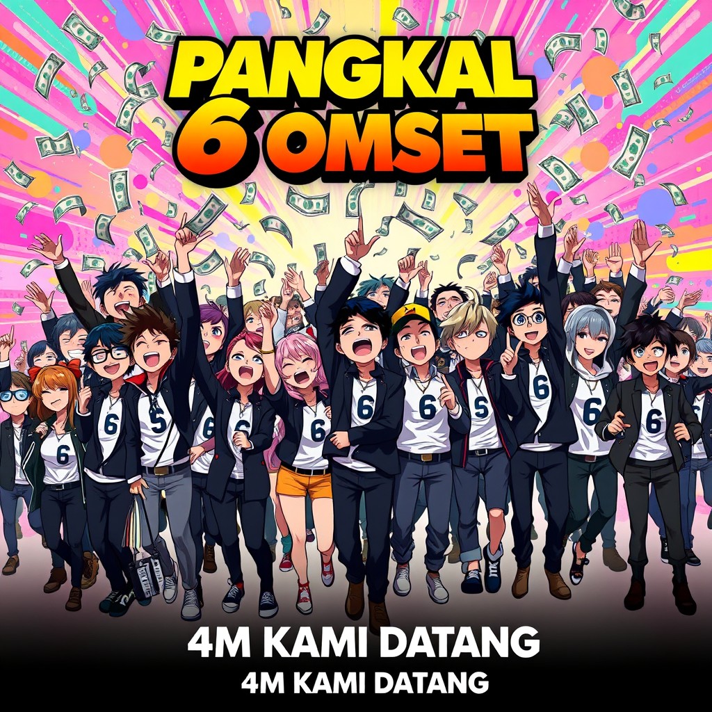 An anime-style movie poster showcasing a vibrant scene with a large group of diverse characters celebrating, joyfully throwing dollar bills into the air