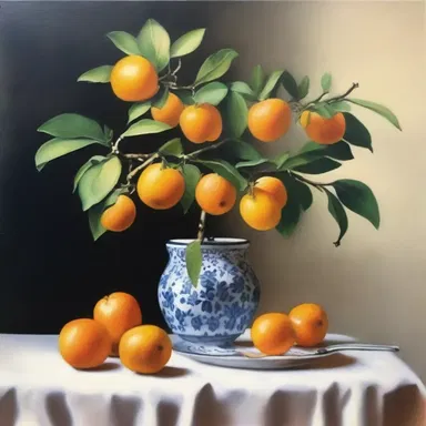 The artist painted a beautiful still-life with a marmalade tree as the focal point.