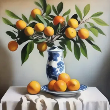 The artist painted a beautiful still-life with a marmalade tree as the focal point.