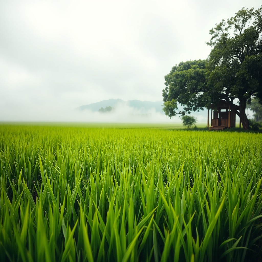 A serene scene depicting a lush green rice field during a gentle rain shower