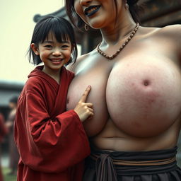 In a medieval Chinese village, a young dwarf woman, extremely small and malnourished with rotten teeth, is dressed in a long, closed Buddhist robe