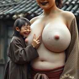 In a medieval Chinese village, a young dwarf woman, extremely small and malnourished with rotten teeth, is dressed in a long, closed Buddhist robe