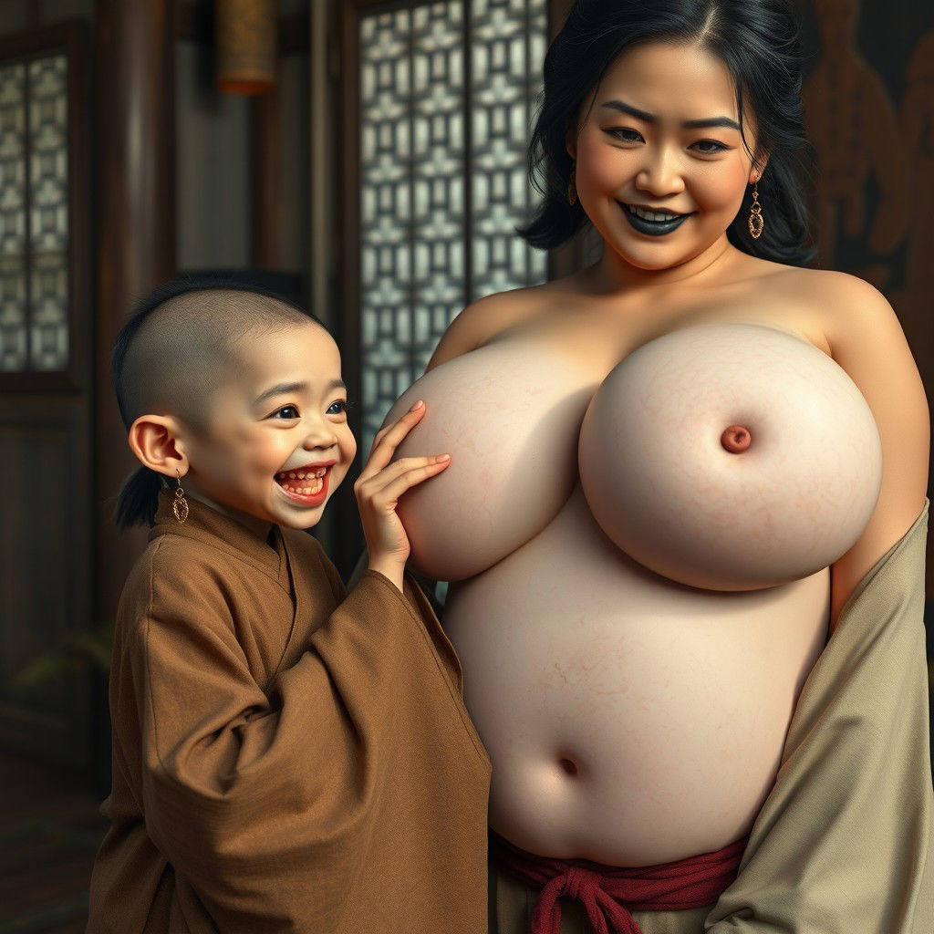 In a medieval Chinese room, a young dwarf woman, extremely small and malnourished with rotten teeth, is dressed in a long, closed Buddhist robe