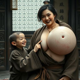 In a medieval Chinese room, a young dwarf woman, extremely small and malnourished with rotten teeth, is dressed in a long, closed Buddhist robe