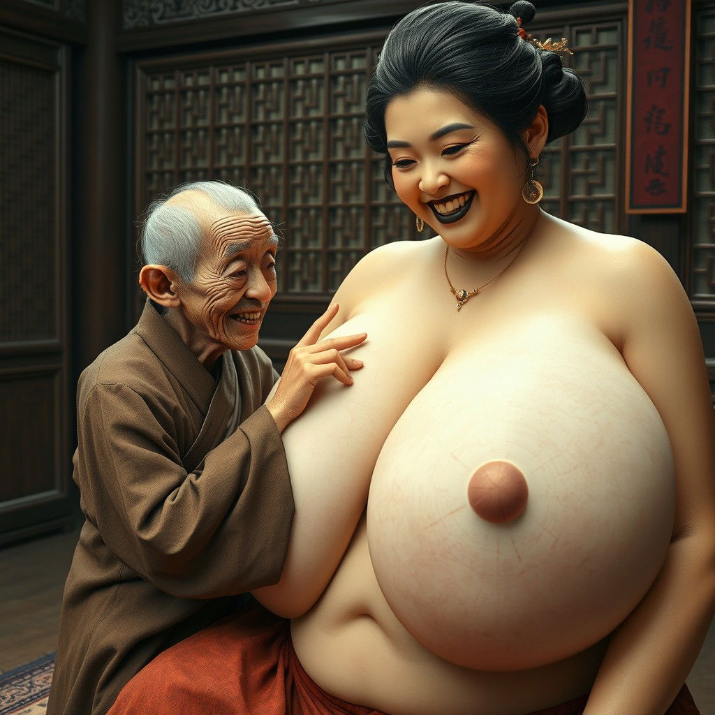 In a medieval Chinese room, there is an elderly dwarf woman, very small in stature with a malnourished body, sharp rotten teeth, and dressed in a long, fully closed Buddhist robe