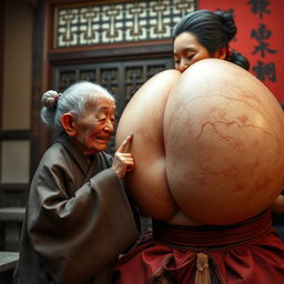 In a medieval Chinese room, there is an elderly dwarf woman, very small in stature with a malnourished body, sharp rotten teeth, and dressed in a long, fully closed Buddhist robe