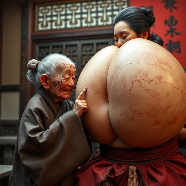 In a medieval Chinese room, there is an elderly dwarf woman, very small in stature with a malnourished body, sharp rotten teeth, and dressed in a long, fully closed Buddhist robe