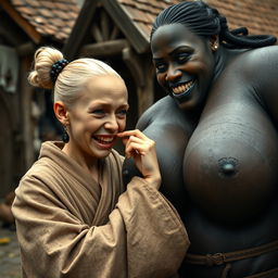 In a medieval village, a young German dwarf woman, petite and emaciated with blonde hair styled in a bun and sharp, decayed teeth, is dressed in a long, closed Buddhist robe
