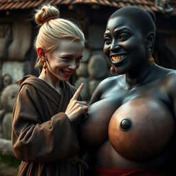 In a medieval village, a young German dwarf woman, petite and emaciated with blonde hair styled in a bun and sharp, decayed teeth, is dressed in a long, closed Buddhist robe
