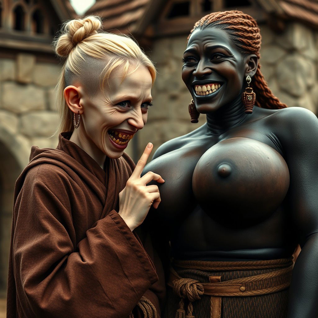 In a medieval village, a young German dwarf woman, petite and emaciated with blonde hair styled in a bun, features sharp, decayed teeth and is dressed in a long, closed Buddhist robe