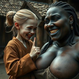 In a medieval village, a young German dwarf woman, petite and emaciated with medium-length blonde hair styled in a bun, features sharp, decayed teeth and is dressed in a long, closed Buddhist robe