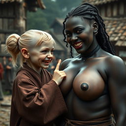 In a medieval village, a young German dwarf woman, petite and emaciated with medium-length blonde hair styled in a bun, features sharp, decayed teeth and is dressed in a long, closed Buddhist robe