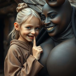 In a medieval village, a young German dwarf woman, petite and emaciated with medium-length blonde hair styled in a bun, features sharp, decayed teeth and is dressed in a long, closed Buddhist robe