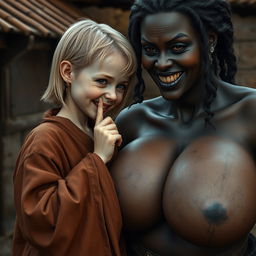 In a medieval village setting, a young German female dwarf, very petite and malnourished, has sharp, decayed teeth and is dressed in a long, fully closed Buddhist robe